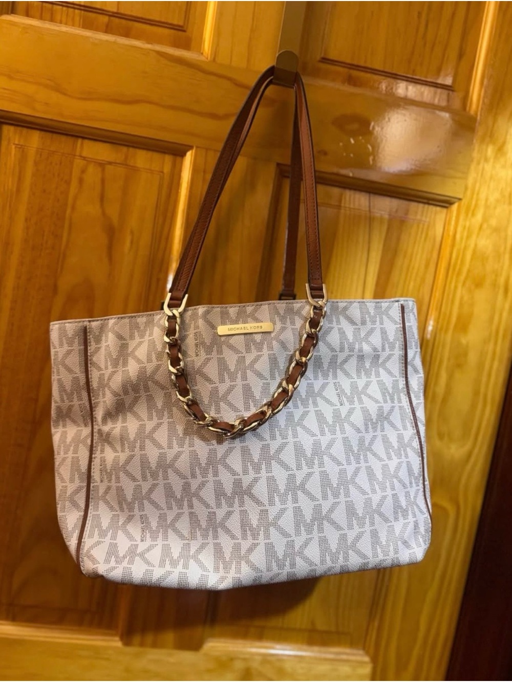 Michael Kors Beige MK Logo Tote with Brown Chain-Accent Straps